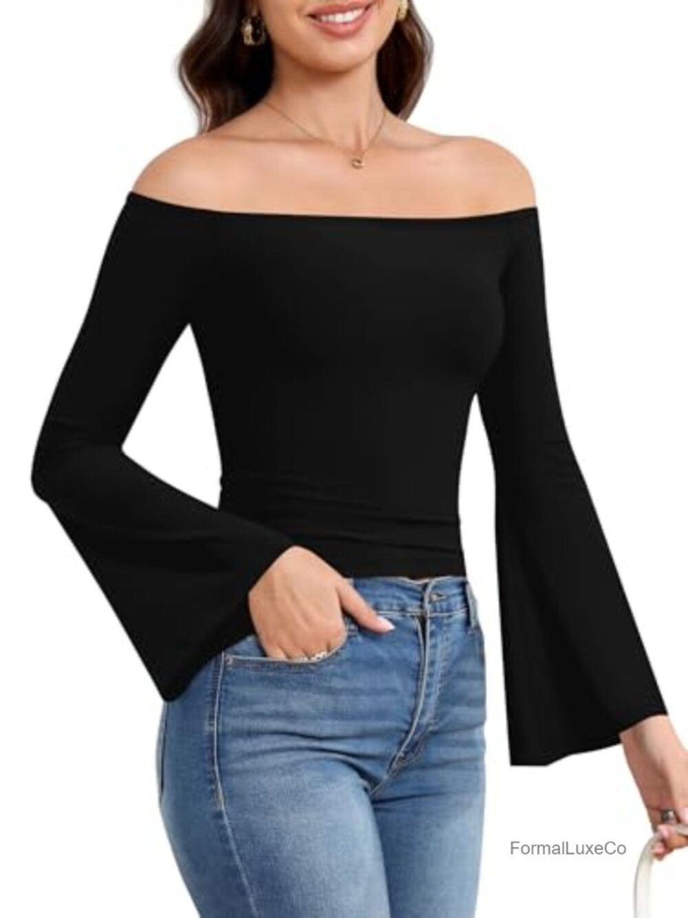 Off Shoulder Bell Sleeve Top Women Flared Sleeve Fitted Stretchy Knit